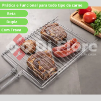 Grelha Dupla Churrasqueira Reta Carne Peixe Frango Linguiça