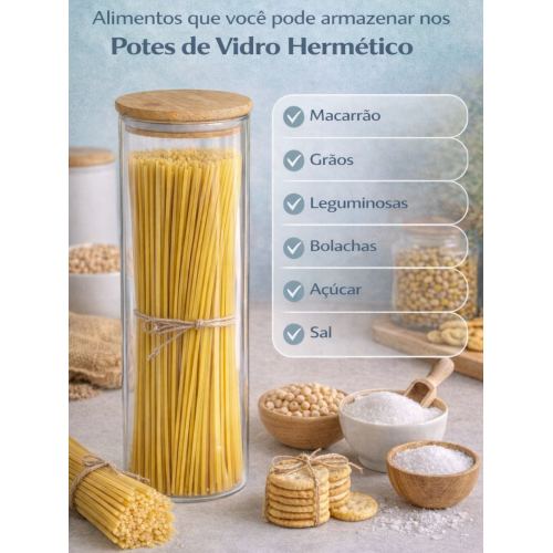 Pote de Vidro com Tampa em Bambu Mantimento Macarrão Espaguete Pote de Vidro com Tampa em Bambu Mantimento Macarrão Espaguete
